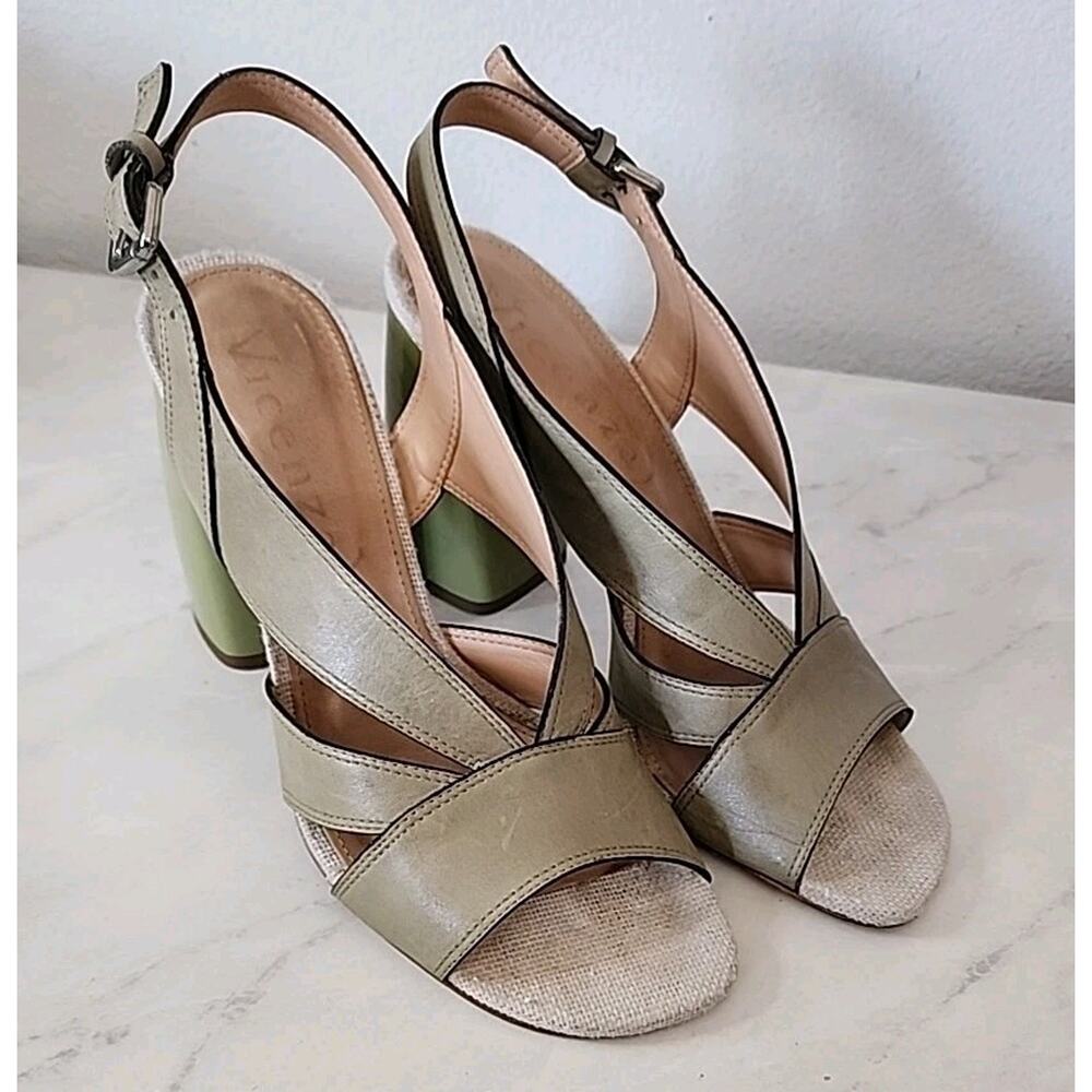 Anthropologie Vicenza Leather Women Jade Green Stacked 4" Heel Sandal Size 8 US - Picture 8 of 12